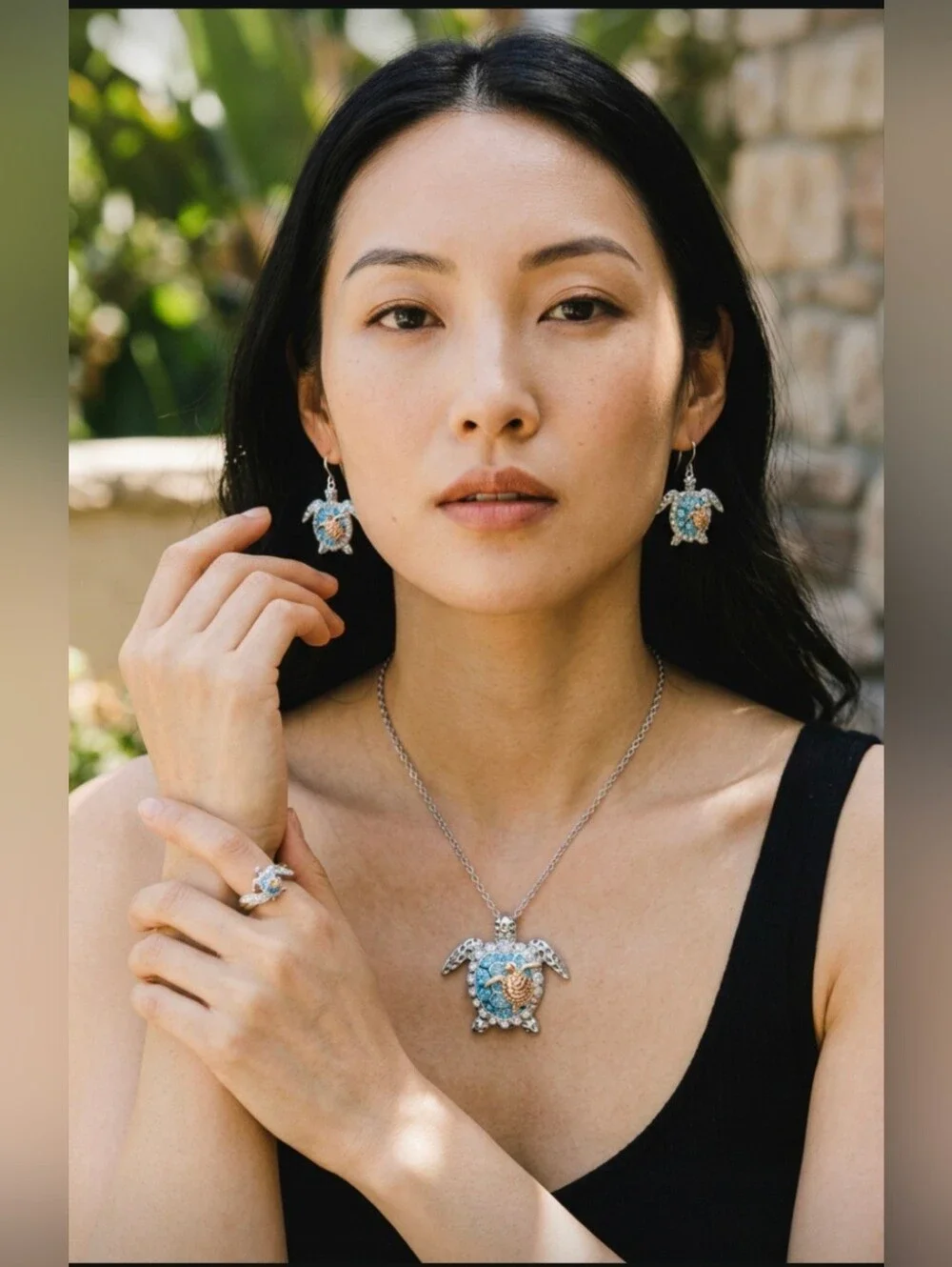 Sea Turtle Pendant Necklace and Earring Set with Blue and Rose Gold Accents